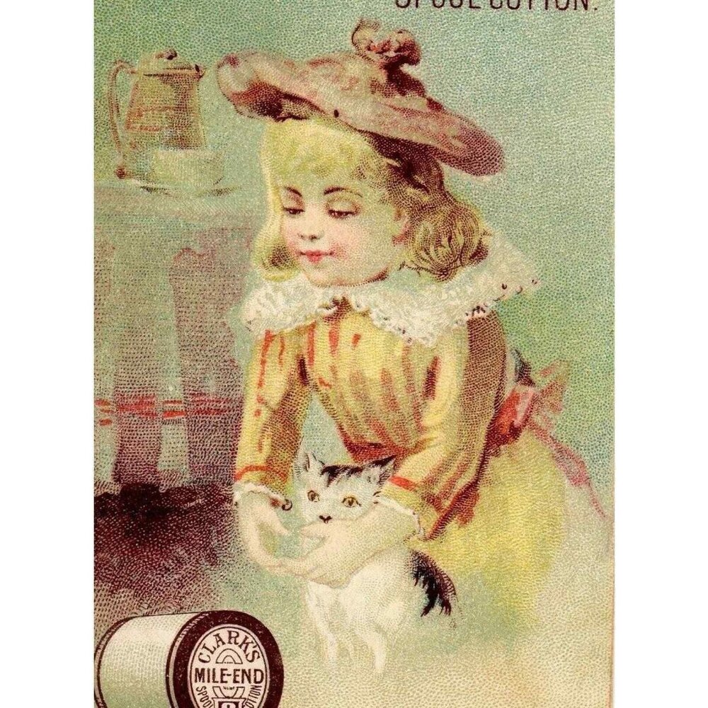 1880's Victorian Trade Card Donaldson Brothers Clark's Cotton Thread Girl Cat-T1